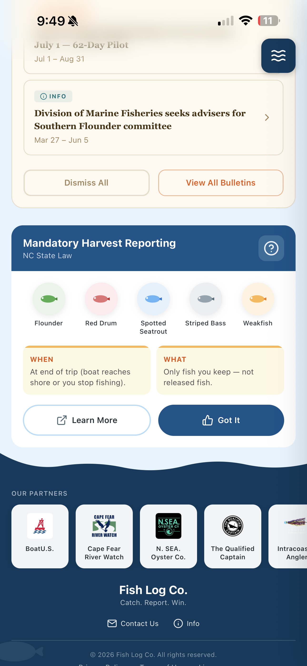 Fish Log Co. mandatory harvest reporting card