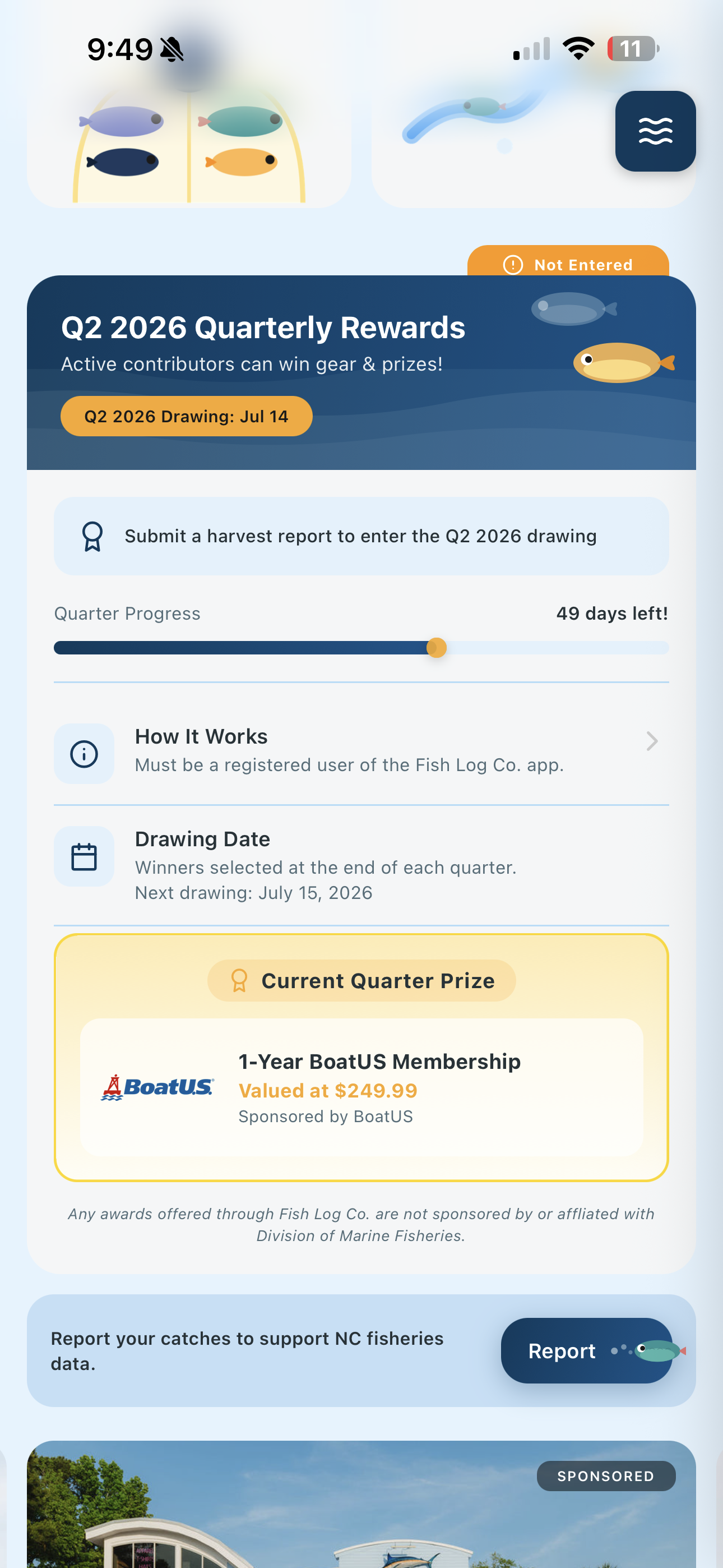 Fish Log Co. quarterly rewards screen